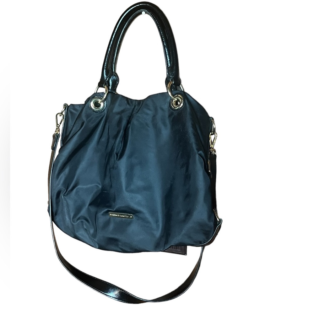 VINCENT CAMUTO BLACK NYLON PURSE WITH GOLD HARDWARE & SHOULDER STRAP